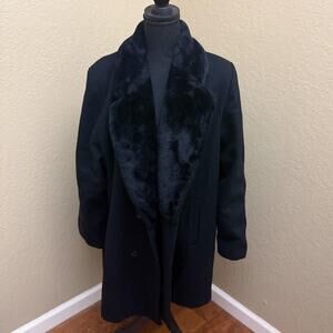 Stephanie Matthews Black Wool Blend Coat Plush Fur Collar Made in USA Size 16